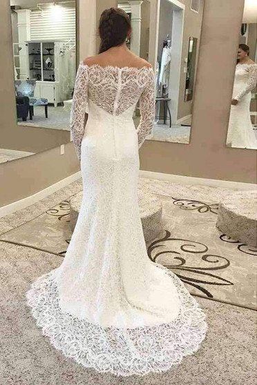 Chic Off the Shoulder Long Sleeves Lace Appliques Sweep Train Wedding Dresses W452