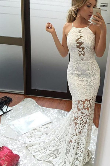 Unique Lace Mermaid Sleeveless Appliques Brush Train Wedding Dresses Bridal Gown W448