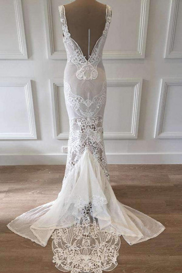 Deep V Neck Backless Wedding Gown,Sheath Sweep Train Sleeveless Wedding Dress W136