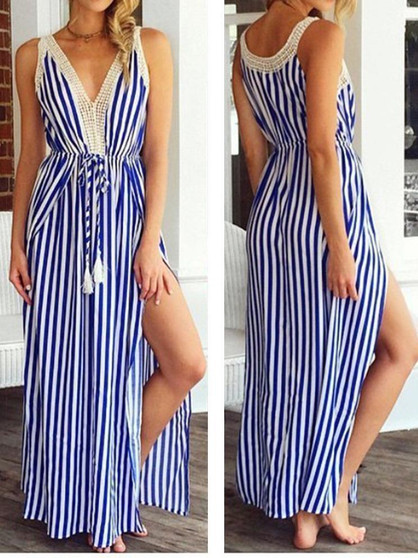 Stripe Sleeveless Side Split Beach Maxi Dress