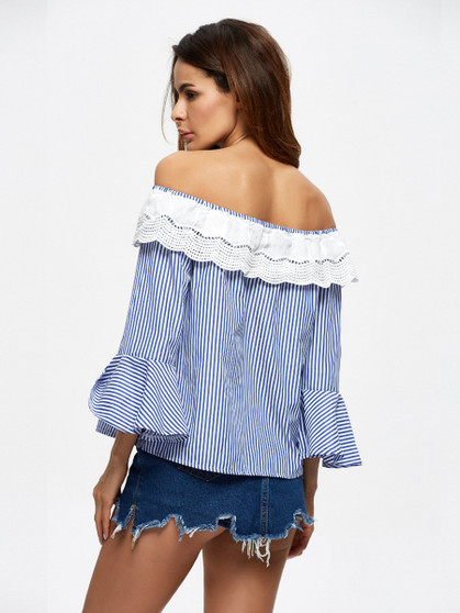 Stripe Off Shoulder Long Sleeve Tops T Shirt