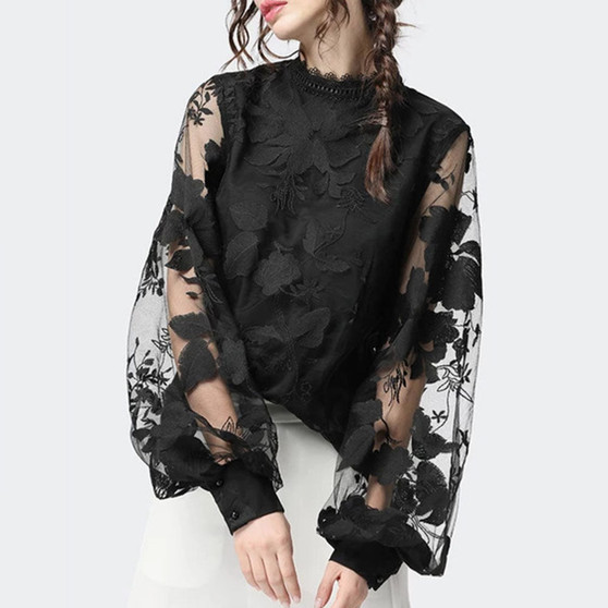 Black Mesh Sheer Long Sleeve Blouse Shirt