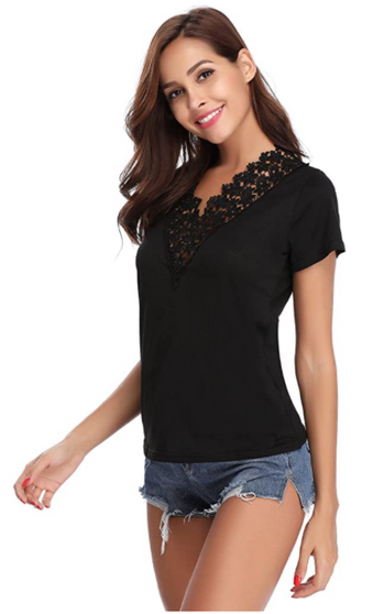 Women's Summer Lace V Neck T-Shirt Short Sleeve Casual Tee Shirt Tops