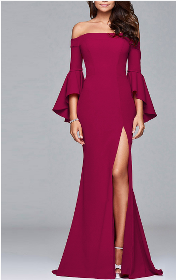 Solid Color Off Shoulder Split Evening Maxi Dress