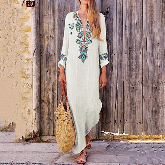 Loose Ethnic Floral Printed Long Sleeve Maxi Dress