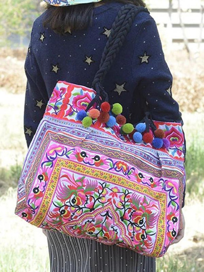 Folk Style Embroidered Pompom Canvas Shoulder Bag