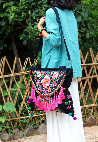 Bohemian Ethnic Handmade Tassel Canvas Embroidery Lagre Shoulder Bags