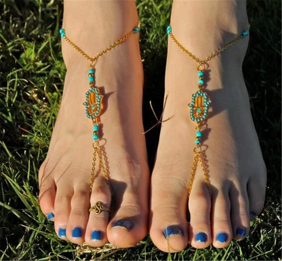 Bohemian Women Ethnic Summer Boho Beads Barefoot Anklets Metal Chain Beach Jewelry