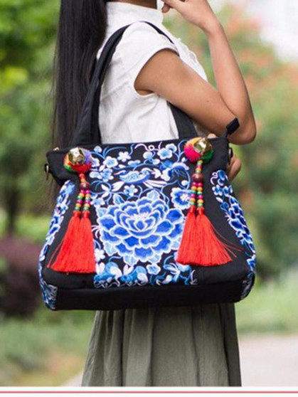 Ethnic Style Embroidery Versatile Canvas Oblique Tassel Shoulder Bag