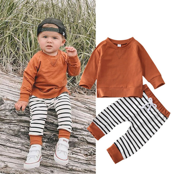 0-24 Months Toddler Kids Baby Boy Outfit Brown Pullover T-Shirt Tops Striped Long Pants Baby Boys Clothes Set Kids Active Outfit