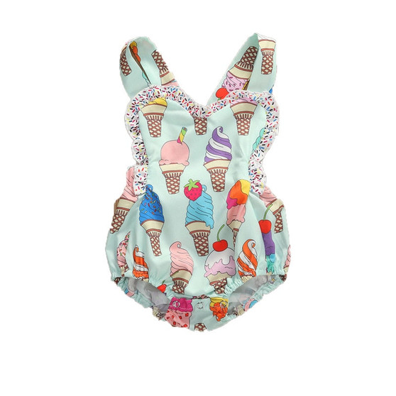 0-18M Summer Cute Toddler Baby Girls Boys Rompers Ice Cream Print Ruffles Sleeveless Backless Jumpsuits