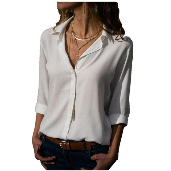 VenusFox Long Sleeve Solid V-Neck Chiffon Blouse Tops Shirts Blouse