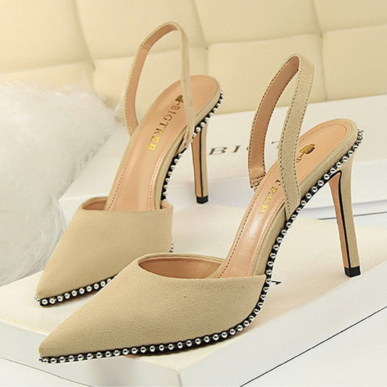 Taupe beads-embellished slingback pumps