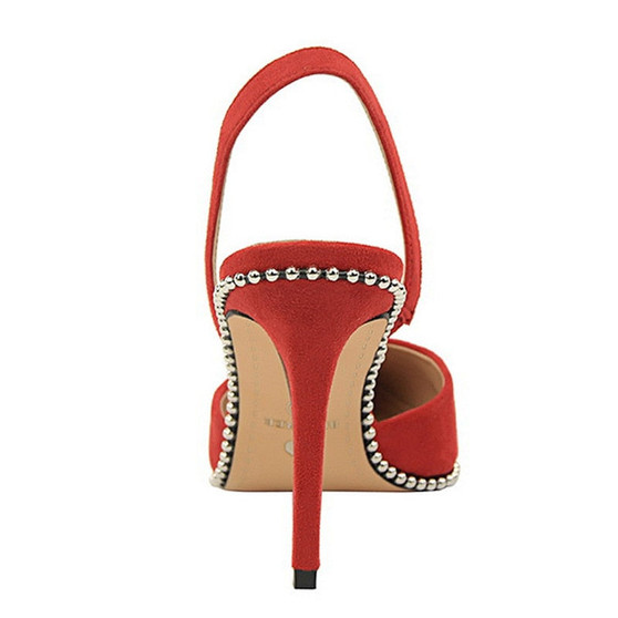 Red beads-embellished slingback pumps