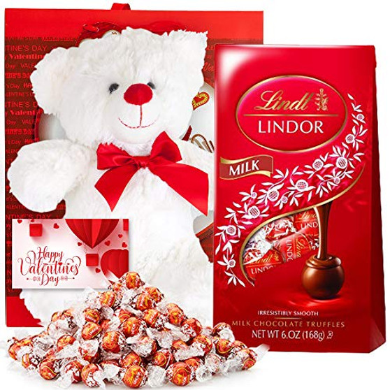 Valentines Day Gift Basket Set | Teddy Bear Plush (COLOR MAY VARY) Lindt Lindor Truffle