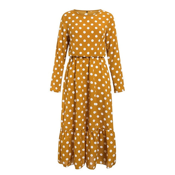 Simplee Elegant polka dots maxi dress Bohemian a-line o-neck long party dress Ruffled work wear chic autumn long dresses evening