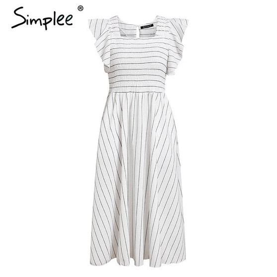 Simplee Vintage striped women long dress Ruffle linen blue elegant summer dress 2019 Casual cotton fashion female beach vestidos