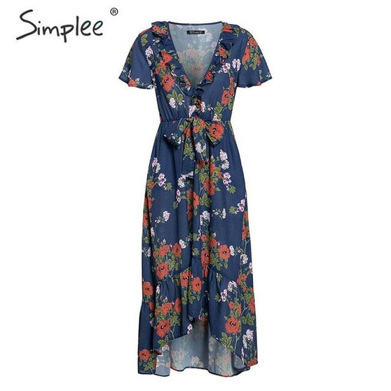 Simplee Sexy v neck women asymmetric dresses Short sleeve floral print long plus size dress Summer elegant holiday vestidos 2019