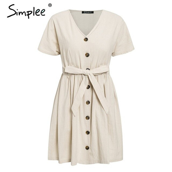 Simplee Vintage Button Women Dress Shirt V Neck Short Sleeve Cotton Linen Short Summer Dresses Casual Korean Vestidos Festa