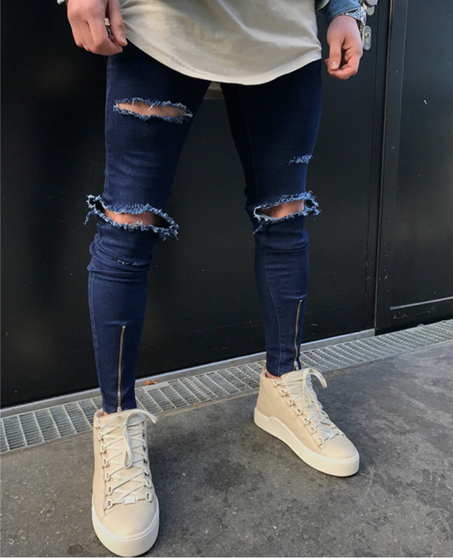 Ripped Knee Dark Denim Jeans with Front Zip Detail