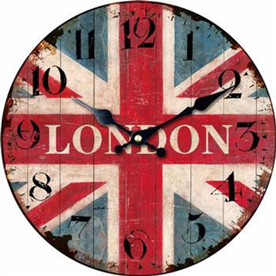 London Flag, Oversized Rustic Wooden Wall Clock, Round