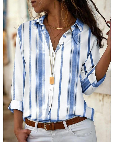 Women's Blouse Shirt Striped Long Sleeve Shirt Collar Tops Basic Top Blue Red Yellow-831