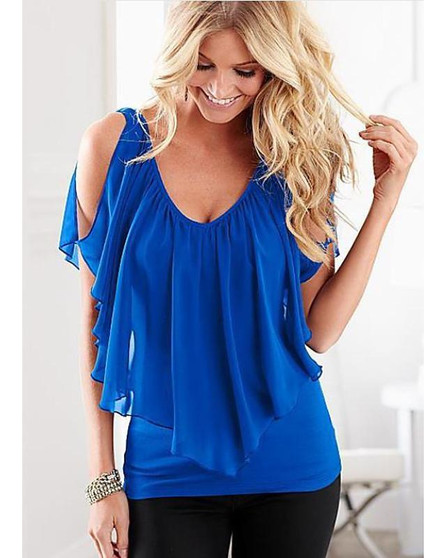 Women's Blouse Shirt Solid Colored Cut Out Layered Asymmetric V Neck Tops Basic Top Black Blue Purple-837