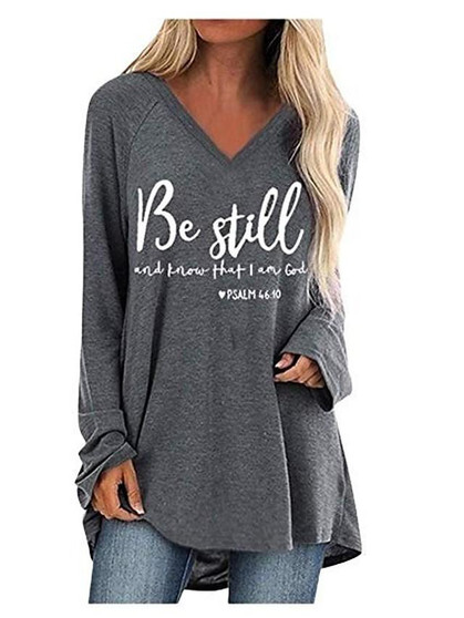 Women's Plus Size T-shirt Letter Long Sleeve V Neck Tops Loose Cotton Basic Top Black Wine Camel