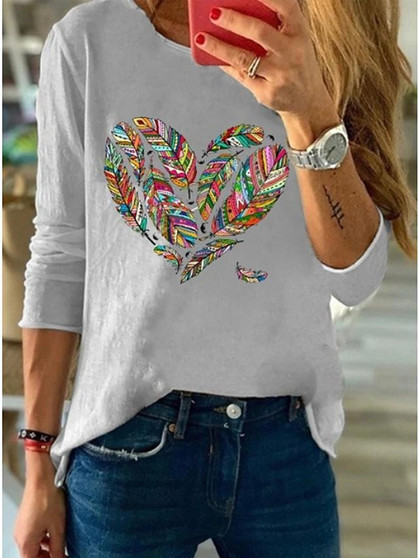 Women's T shirt Heart Floral Flower Long Sleeve Round Neck Tops Basic Top White Blue Blushing Pink