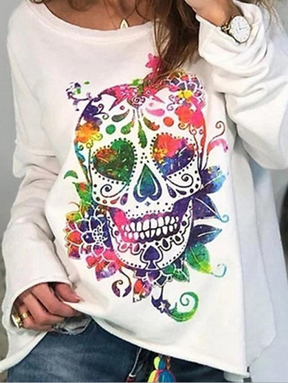 Women's Plus Size T shirt Graphic Prints Skull Rainbow Long Sleeve Print Round Neck Tops Basic Basic Top White Blue Red