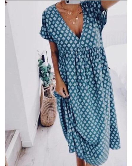 Women's Shift Dress Midi Dress - Short Sleeve Polka Dot Floral Summer V Neck Hot Boho Loose Blue Purple Blushing Pink Dark Gray S M L XL XXL 3XL