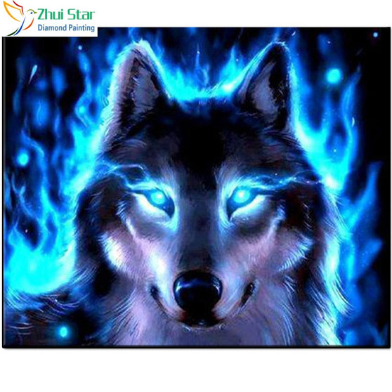 5D DIY Diamond Painting Electric Blue Flame Wolf - craft kit