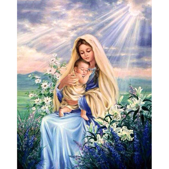 5D DIY Diamond Painting Mary and Baby Jesus with White Lilies - craft kit