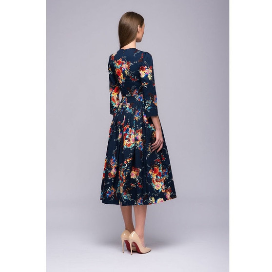 Modest Style Three Quarter Sleeve Elegant Floral Printing Midi Dress