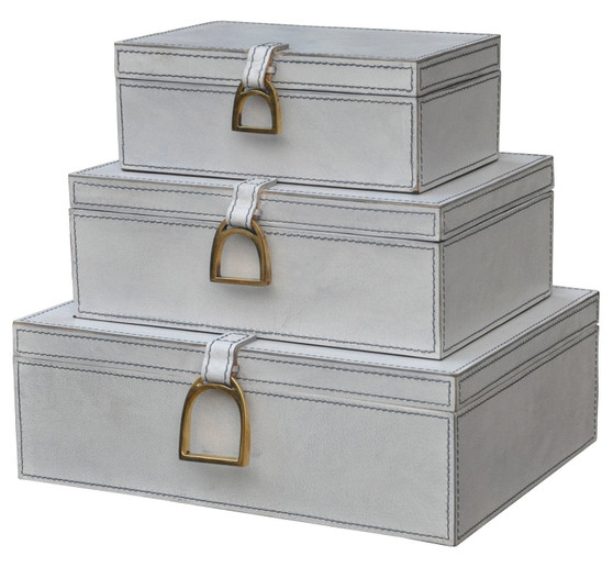 Nested White Leather And Brass Boxes - Style: 7868662