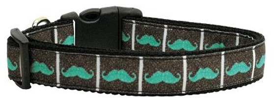 Aqua Moustaches Nylon Dog Collar Medium Narrow