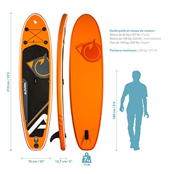 Adrenalin Pack Stand up Paddle Cruiser 10'2 (310cm) 30'' (76cm) 5'' (12,7cm) - SUP with Central Bottom fin and Action caméra Mount, Pump, Paddle and Backpack Included