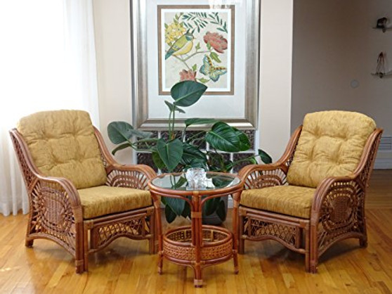 Malibu Lounge Set of 2 Natural ECO Rattan Wicker Chairs, Loveseat with Light Brown Cushion and Coffee Table w/Glass Handmade, Cognac