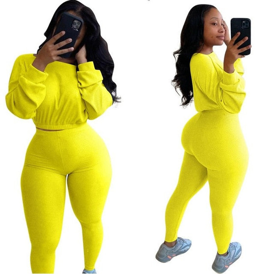 Knitted Ribbed Women's Set solid Long Sleeve crop tops Sweatshirt Pants Suits joggers two piece sets outfit tracksuit