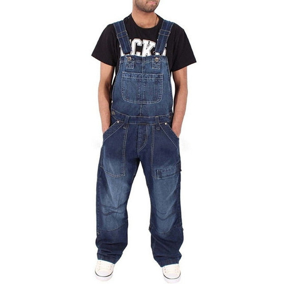2019 Fashion man Casual Loose Pocket Overalls Comfortabele Denim Jumpsuits Bib pants jeans baggy Jeans Man Blauw Broek