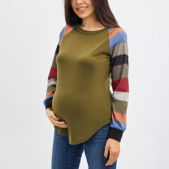 Maternity Round Neck Patchwork Stripes Long Sleeve T-Shirts