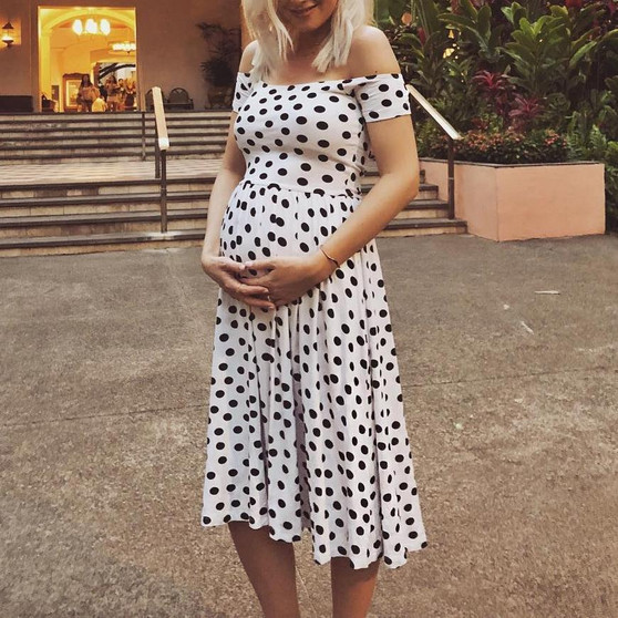 Maternity Off Shoulder Polka Dots Dress