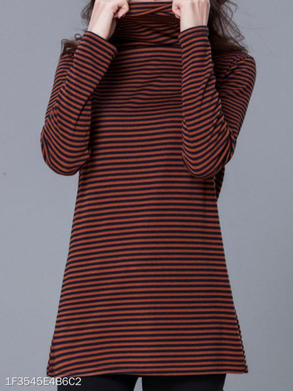 Turtle Neck Loose Fitting Stripes Long Sleeve T-Shirts