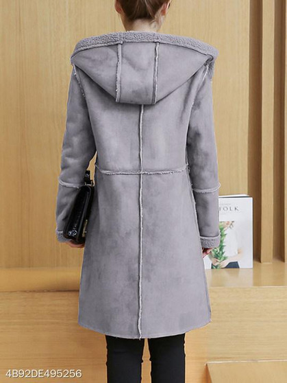 Hooded Patch Pocket Plain Fleece Lined Coat