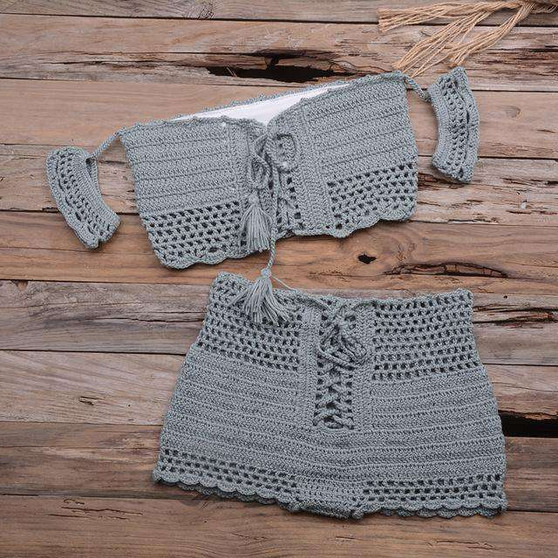 Lace-Up Scallop Crochet Boyshort Bikini