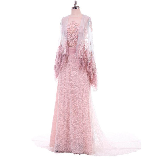 Illusion Lace Cap Feather Shoulder Long Train Pink Evening Dress