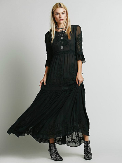 My Journey Boho Embroidery Maxi Dress, Elegant Long Loose Dress