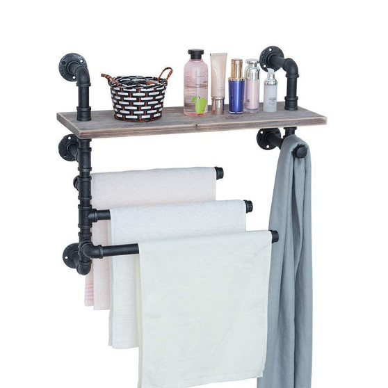 Industrial Towel Rack with 3 Towel Bar,24in Rustic Bathroom Shelves Wall Mounted,Farmhouse Black Pipe Shelving Wood Shelf,Metal Floating Shelves Towel Holder,Iron Distressed Shelf Over Toilet