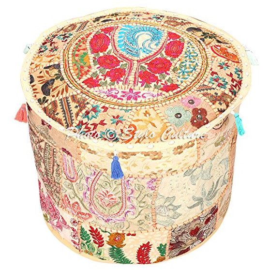 ndian Floor Pouf Cover Round Patchwork Embroidered Pouffe Ottoman Cover Beige Cotton floral