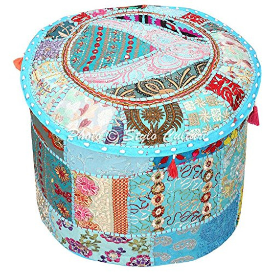 Indian Pouffe Footstool Cover Round Patchwork Embroidered Pouf Ottoman Cover